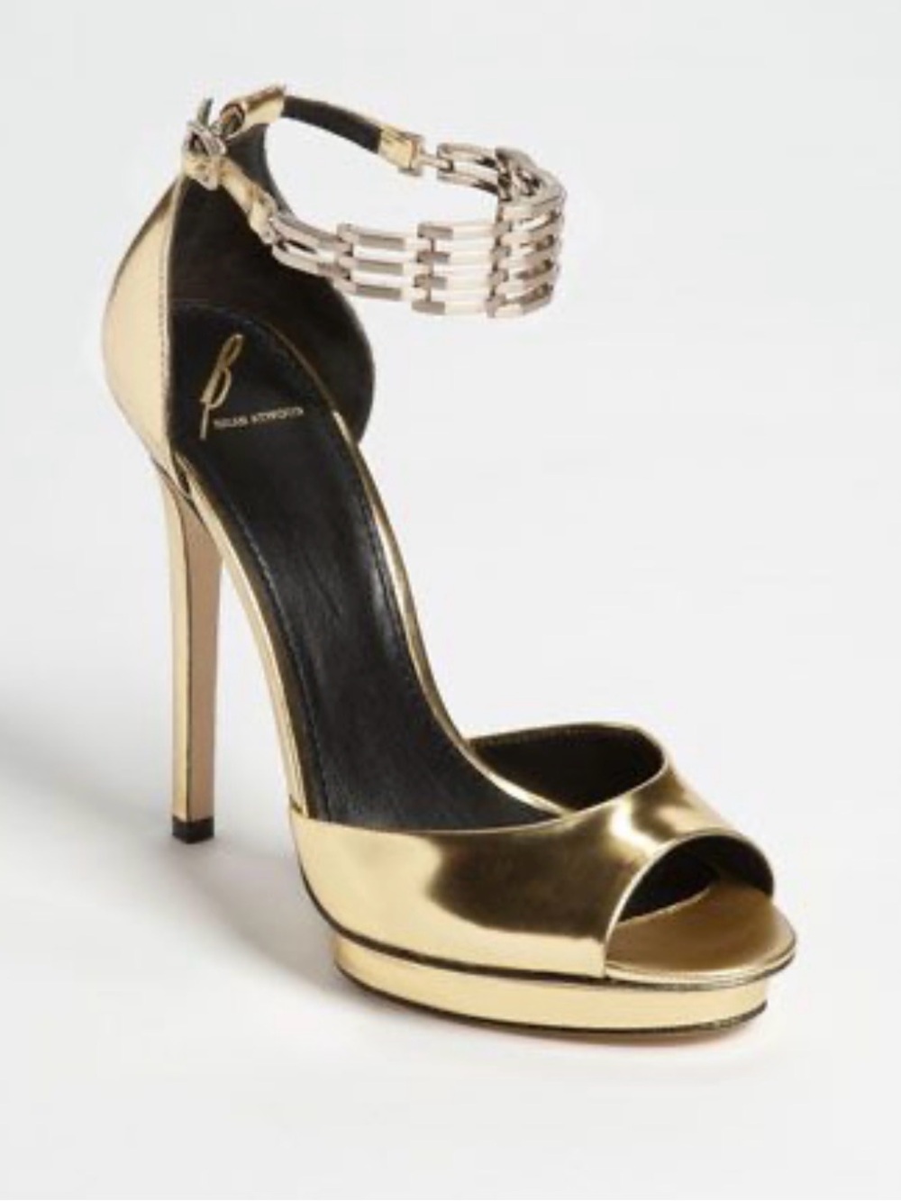 B Brian Atwood Metallic Gold Peep-Toe Ankle-Strap Stiletto
